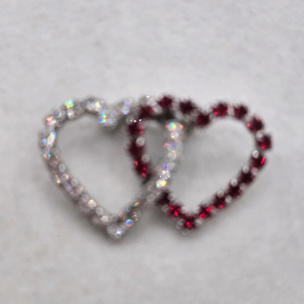 Rhinestone Double Heart Brooch Red Clear Silver Tone Pin Interlocking